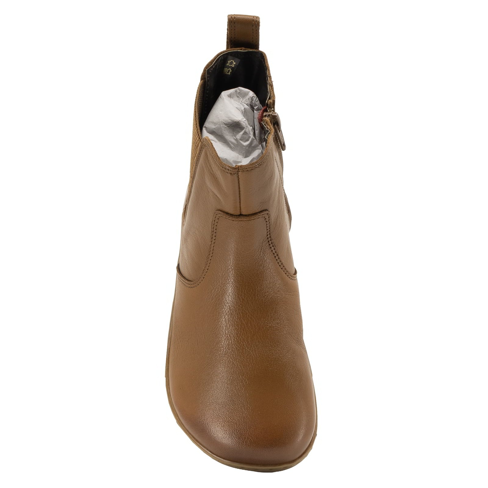top down view showing toe shape of willow zip barefoot chelsea boots in tan