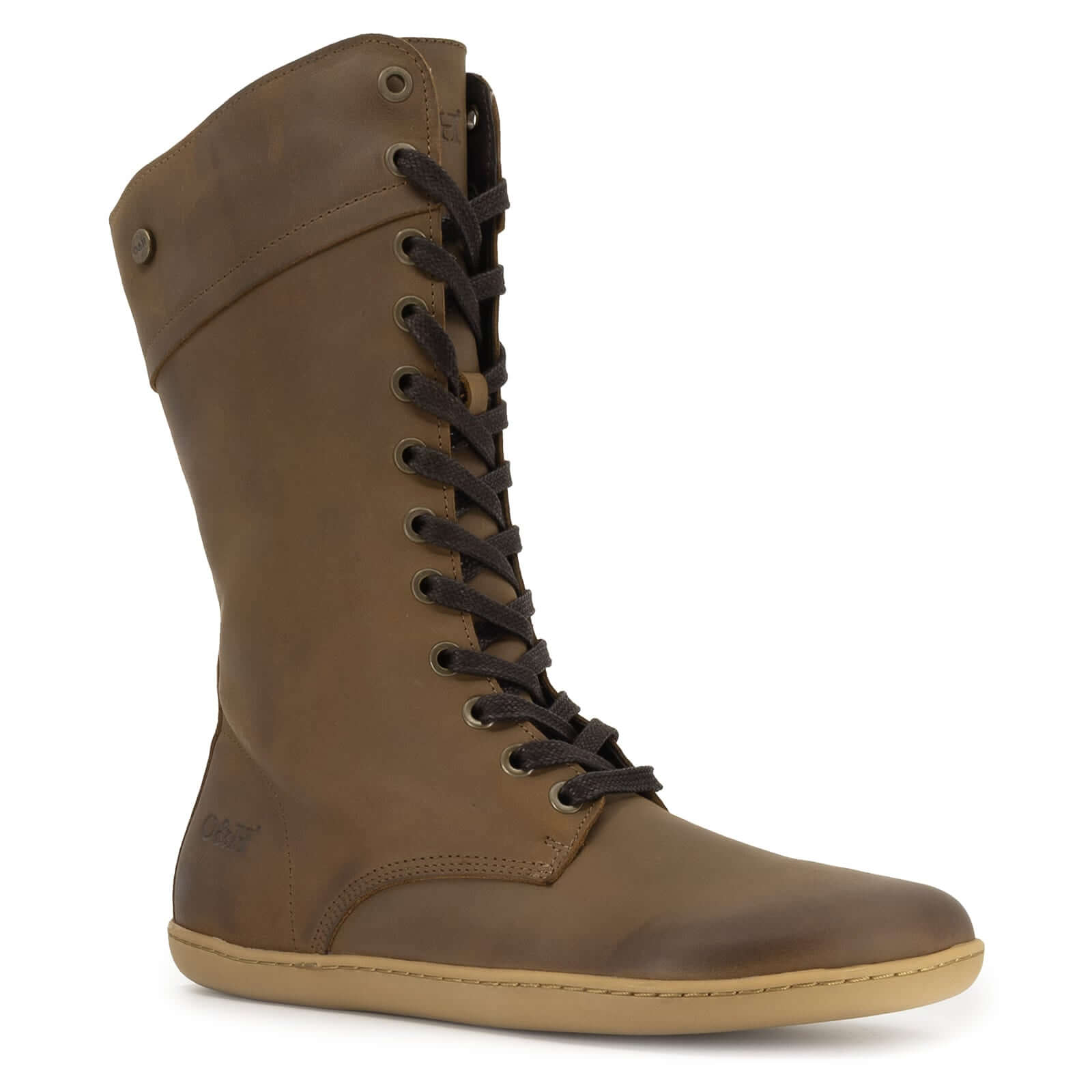 Brown leather boot with lace-up design on a white background