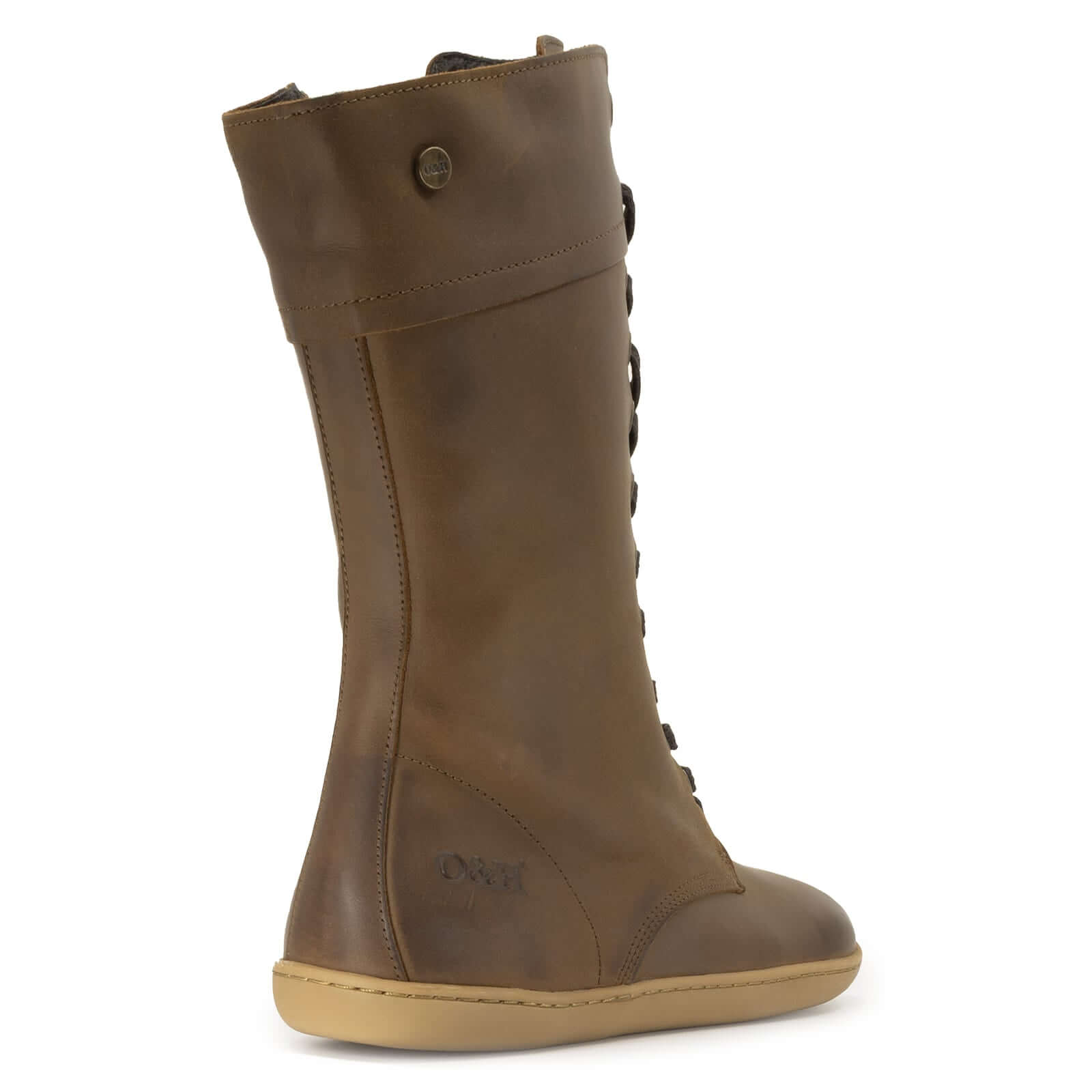 Brown leather barefoot boot with gum outsole on a white background