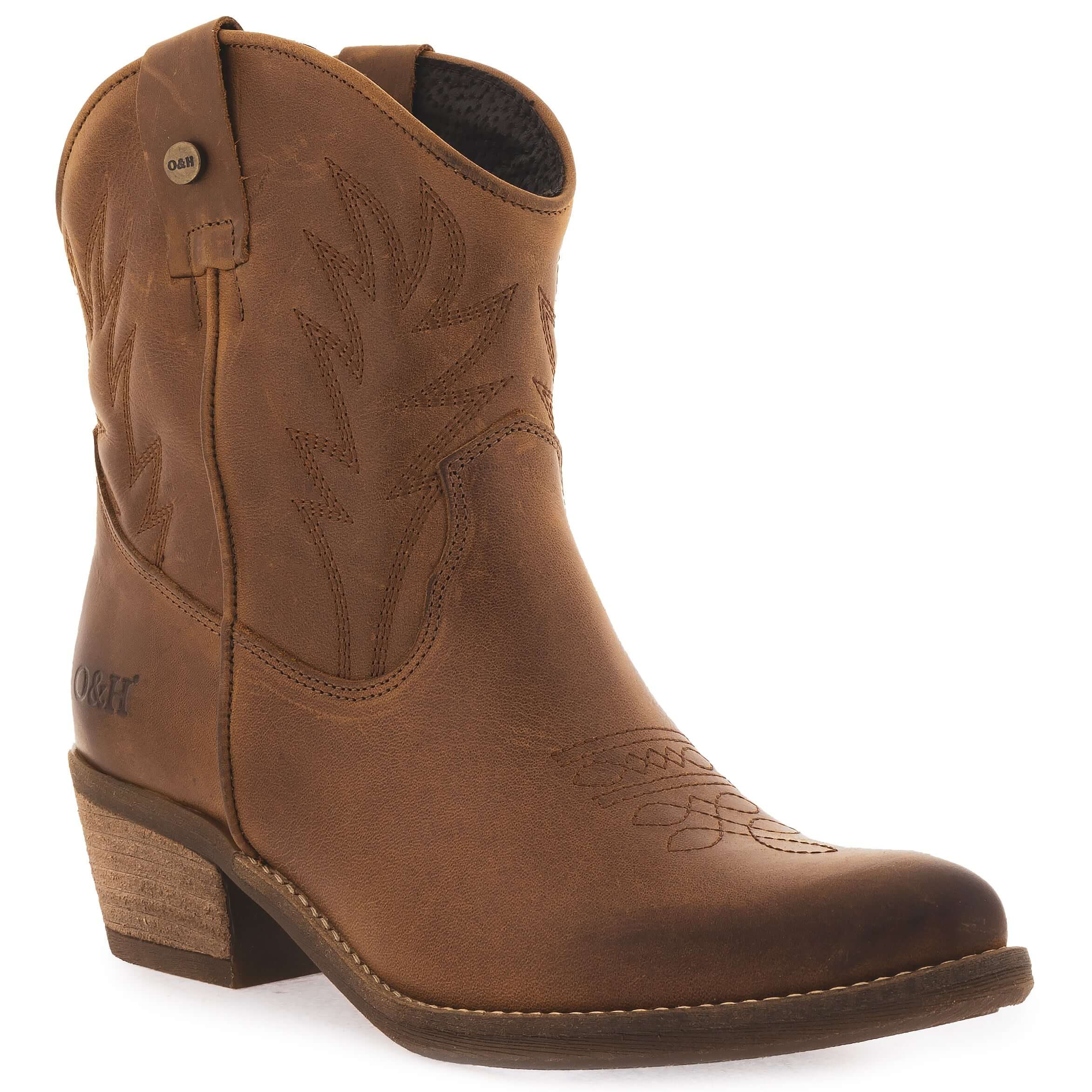 view of texan ankle boots in tan from the side showing toe and stitching