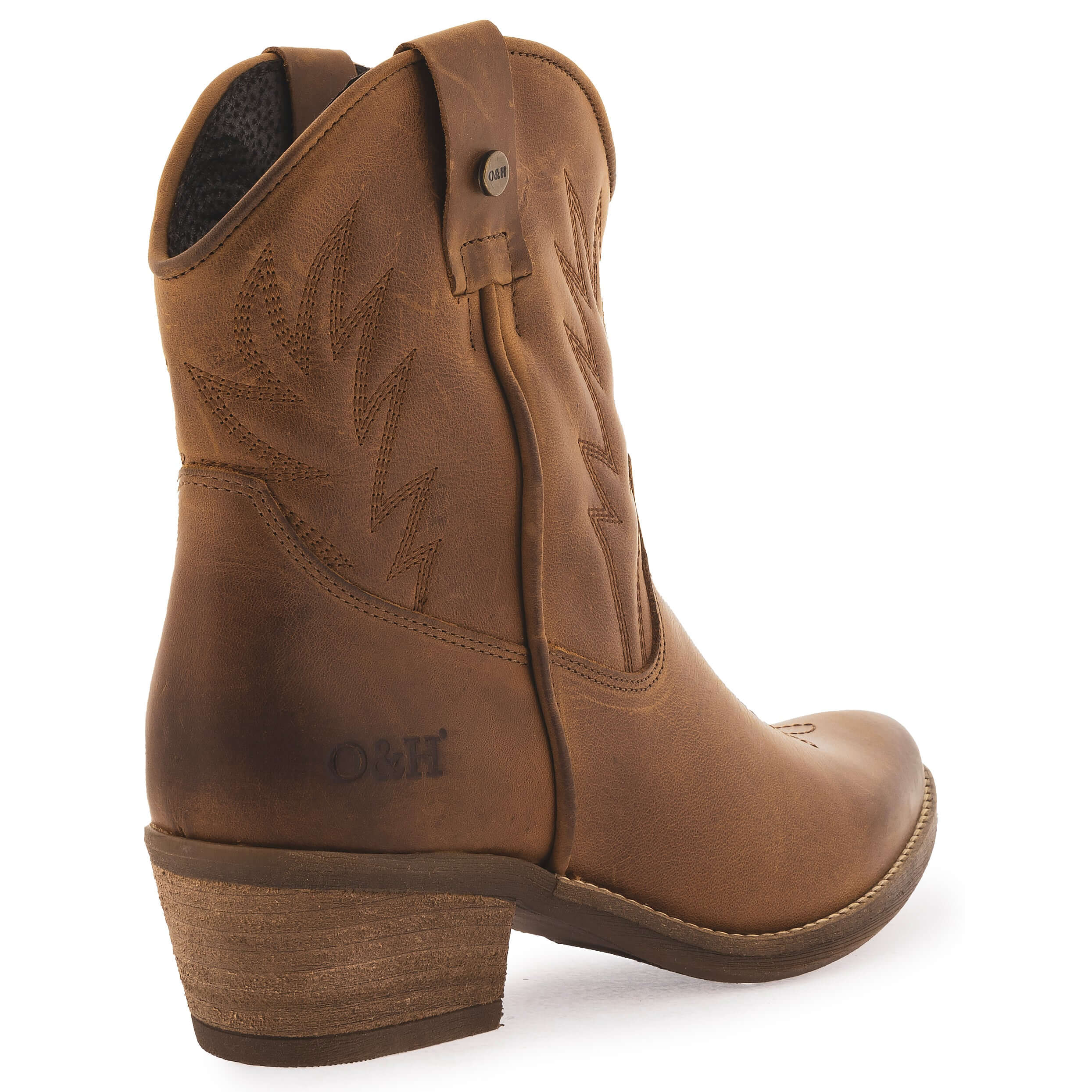 view of texan ankle boots from the back of the boot showing the branding and heel