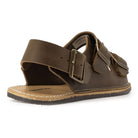 heel view of mens acacia back strap sandals in brown showing heel strap and foot entry area