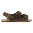 side profile view of mens acacia back strap barefoot sandals in brown showing buckle detail