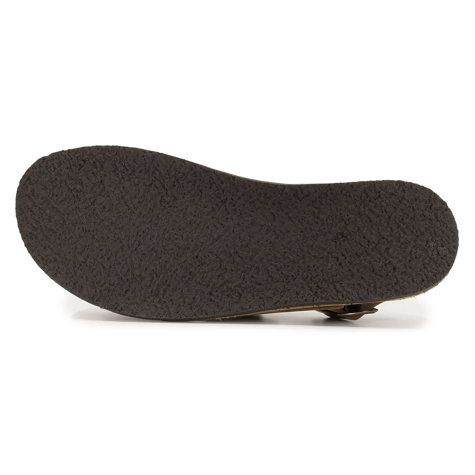 zero drop outsole of mens acacia back strap sandals in brown showing tread