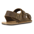heel view of mens acacia back strap sandals in brown showing heel strap and foot entry area