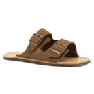 angles view of acacia barefoot sandals in brown showing an open toe an dopen back design