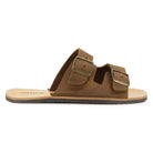 side profile view of acacia barefoot sandals in brown showing upper design and buckles