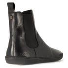 rear view image of black barefoot chelsea boots showing O&H branding on heel and brass pin