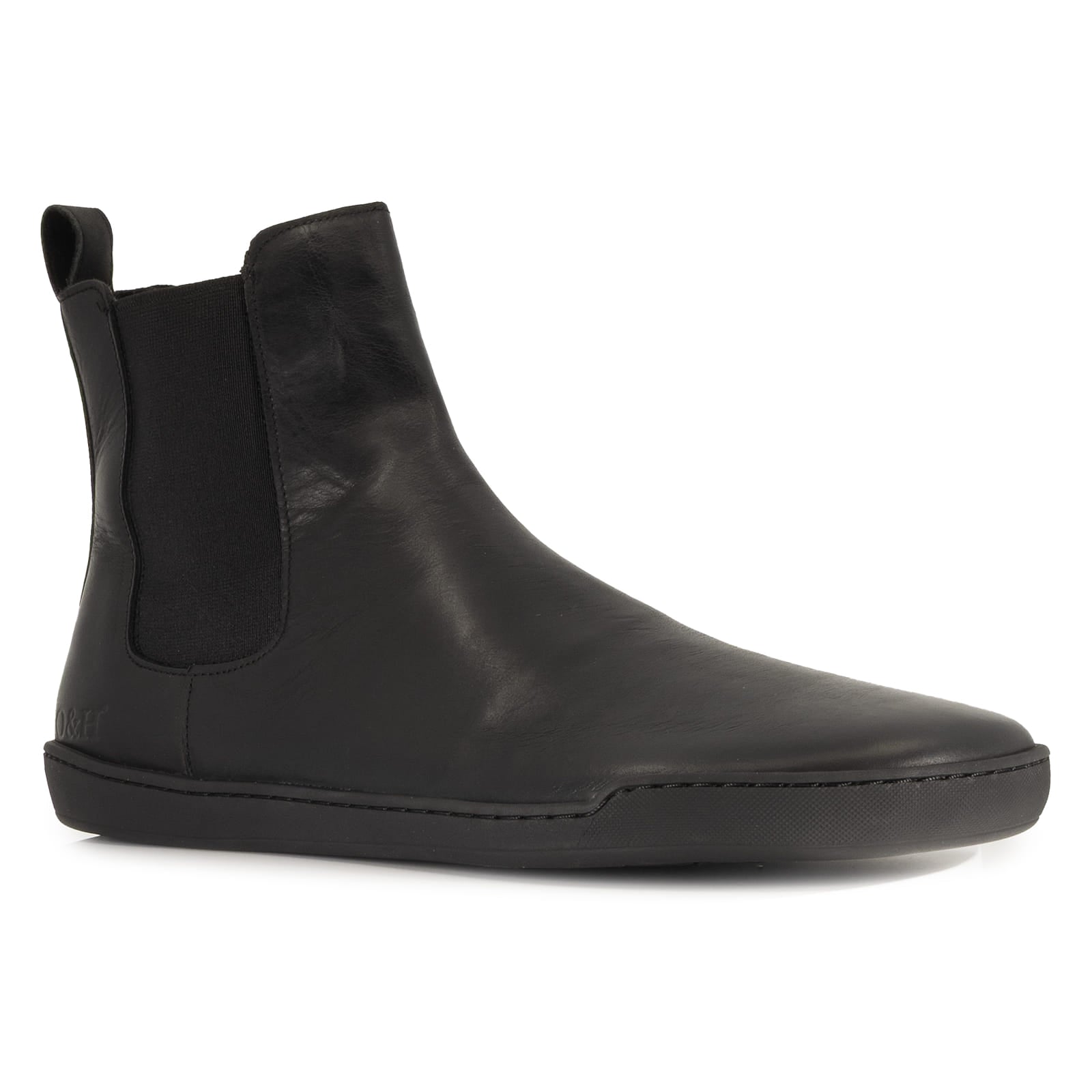 front angle image of black chelsea boots showing pull tab on white background