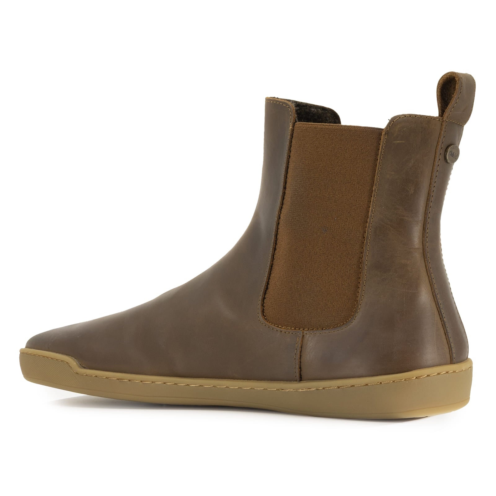 brown leather barefoot boots showing heel pull tab and O&H brass pin on white background