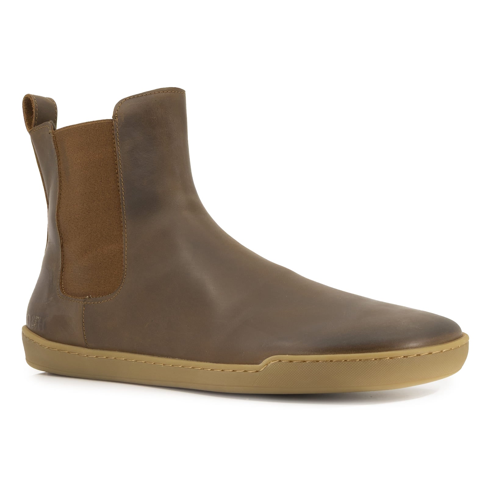 angles view with toe at front of leather barefoot chelsea boot on white background