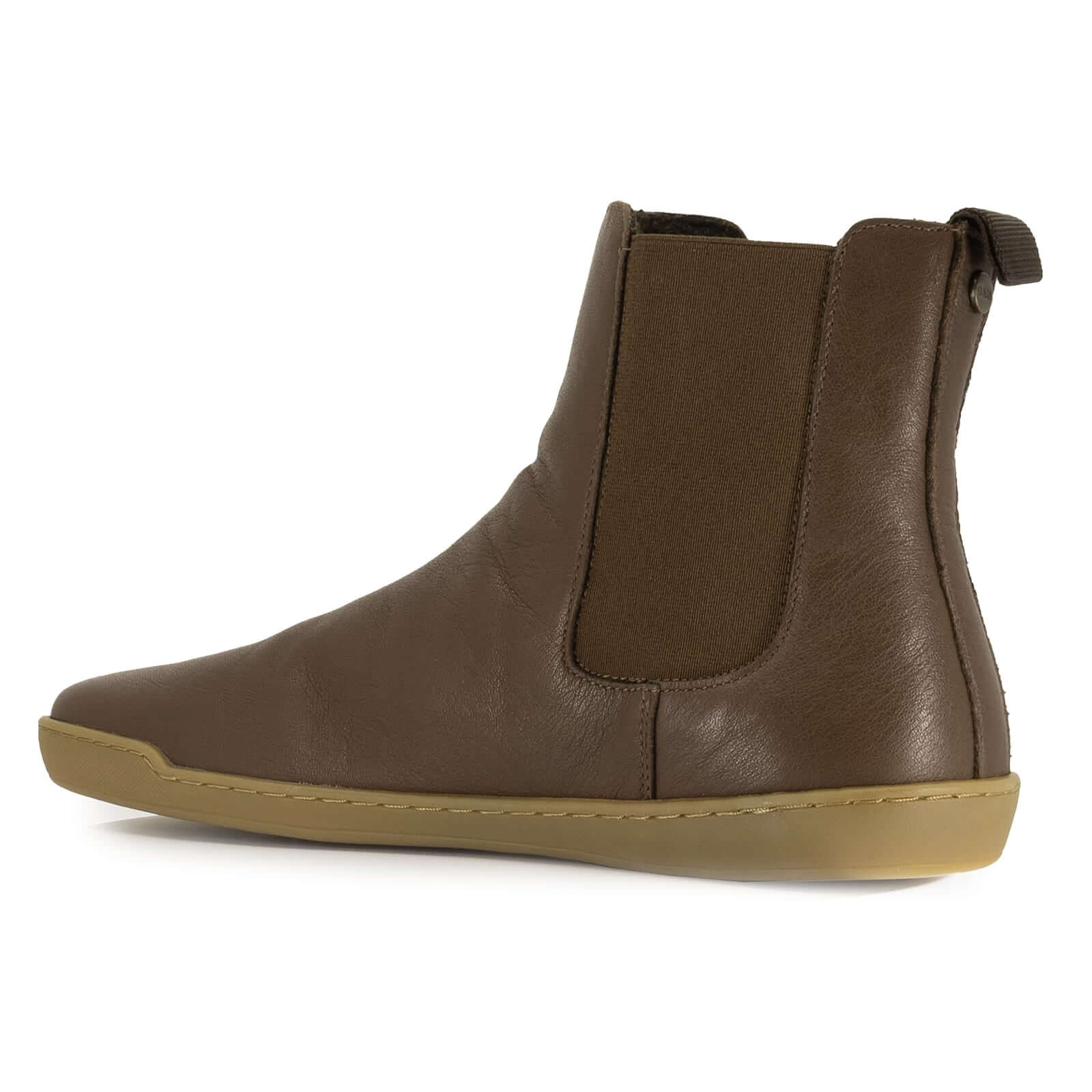inside view of brown barefoot chelsea boots showing leather upper and gum outsole