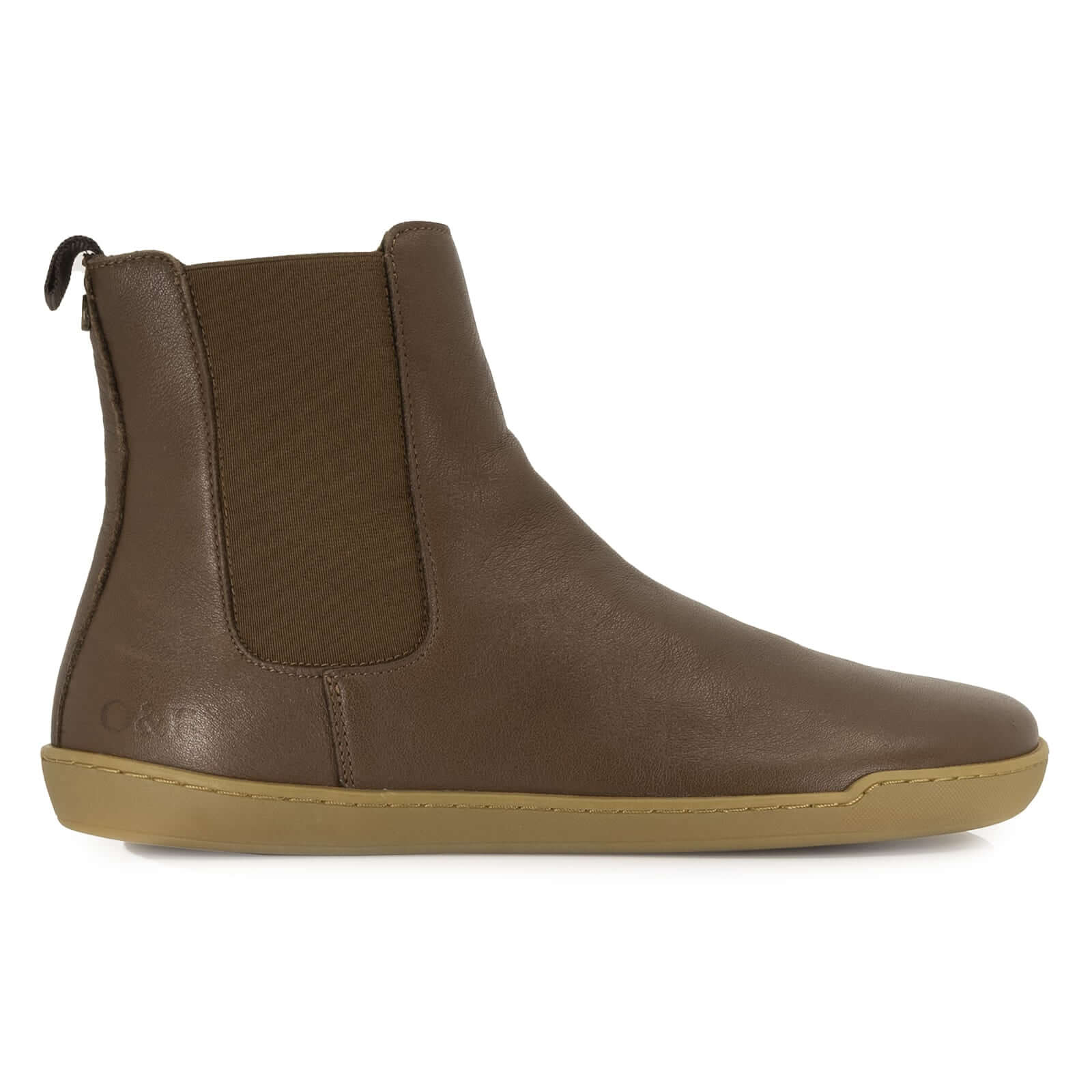 side image of mens brown leather barefoot chelsea boots showing leather upper