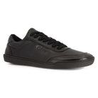 angled view of aspen all black leather barefoot trainers showing laces and branding