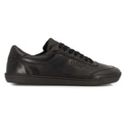 side profile view of all black leather barefoot trainers showing leather upper