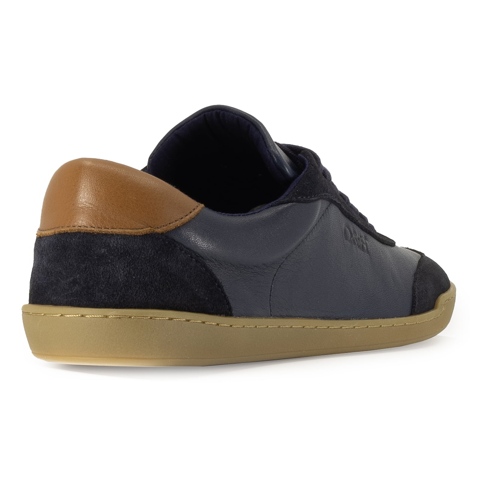 rear view of dark blue aspen trainers showing contrast heel panel and suede detail