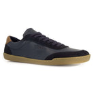 Side angled view of dark blue aspen barefoot trainers showing front lace