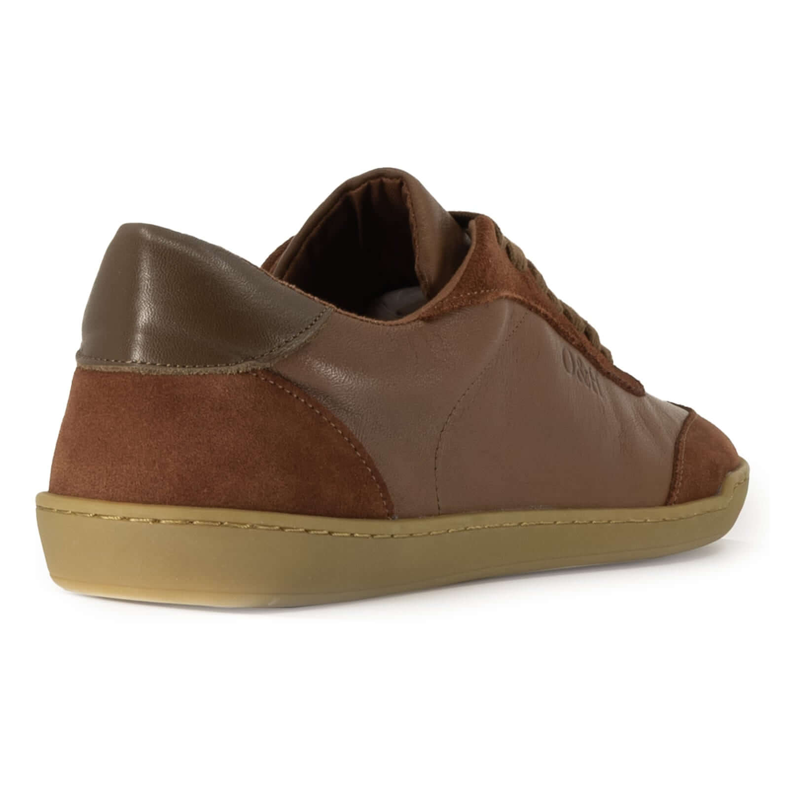 heel view of aspen trainers in tan showing contrast leather panel detailing