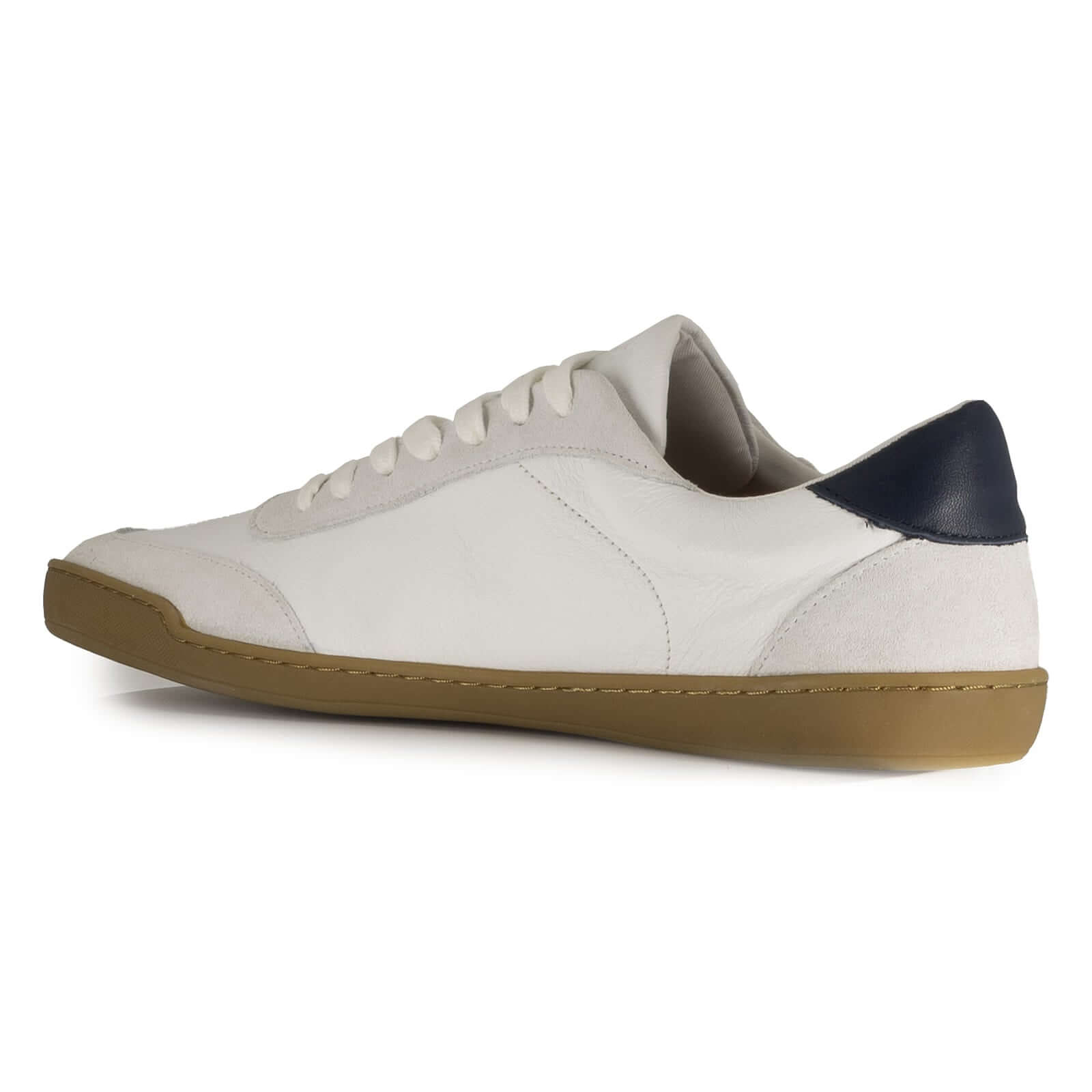 inside view of aspen white barefoot trainers showing blue leather panel on heel
