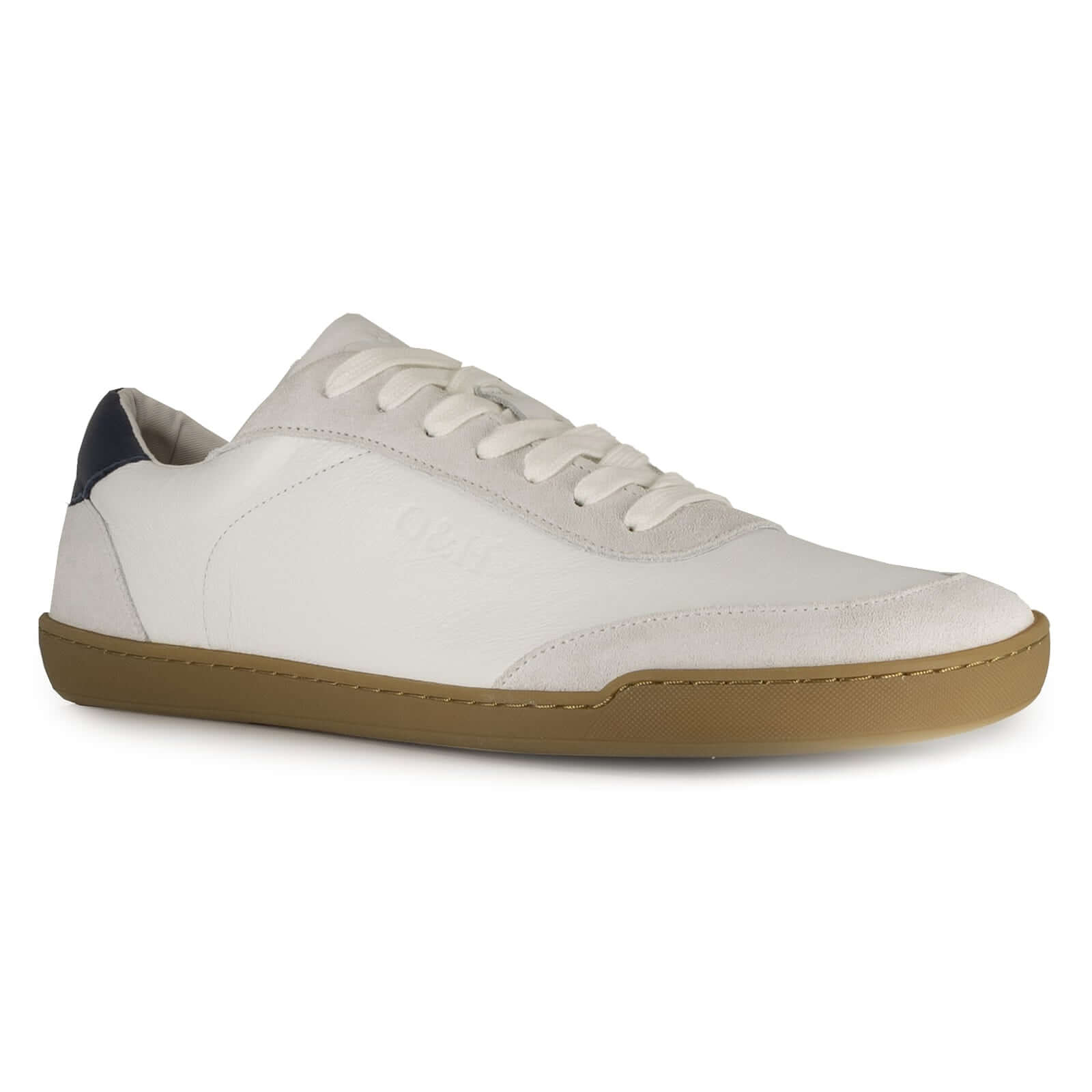 side angled view of aspen white barefoot trainers showing leather and suede upper details