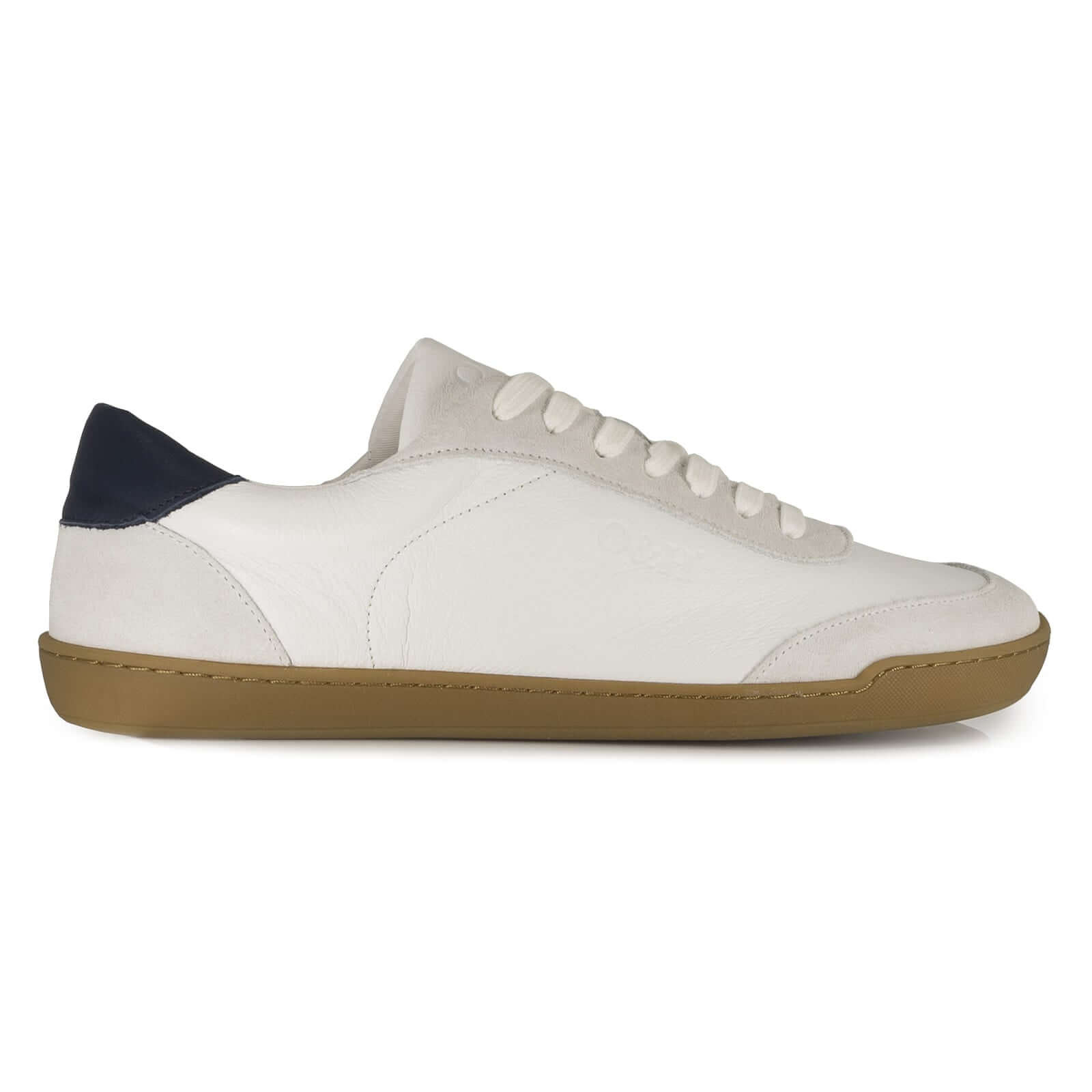 side profile view of mens aspen white barefoot trainers with gum outsole