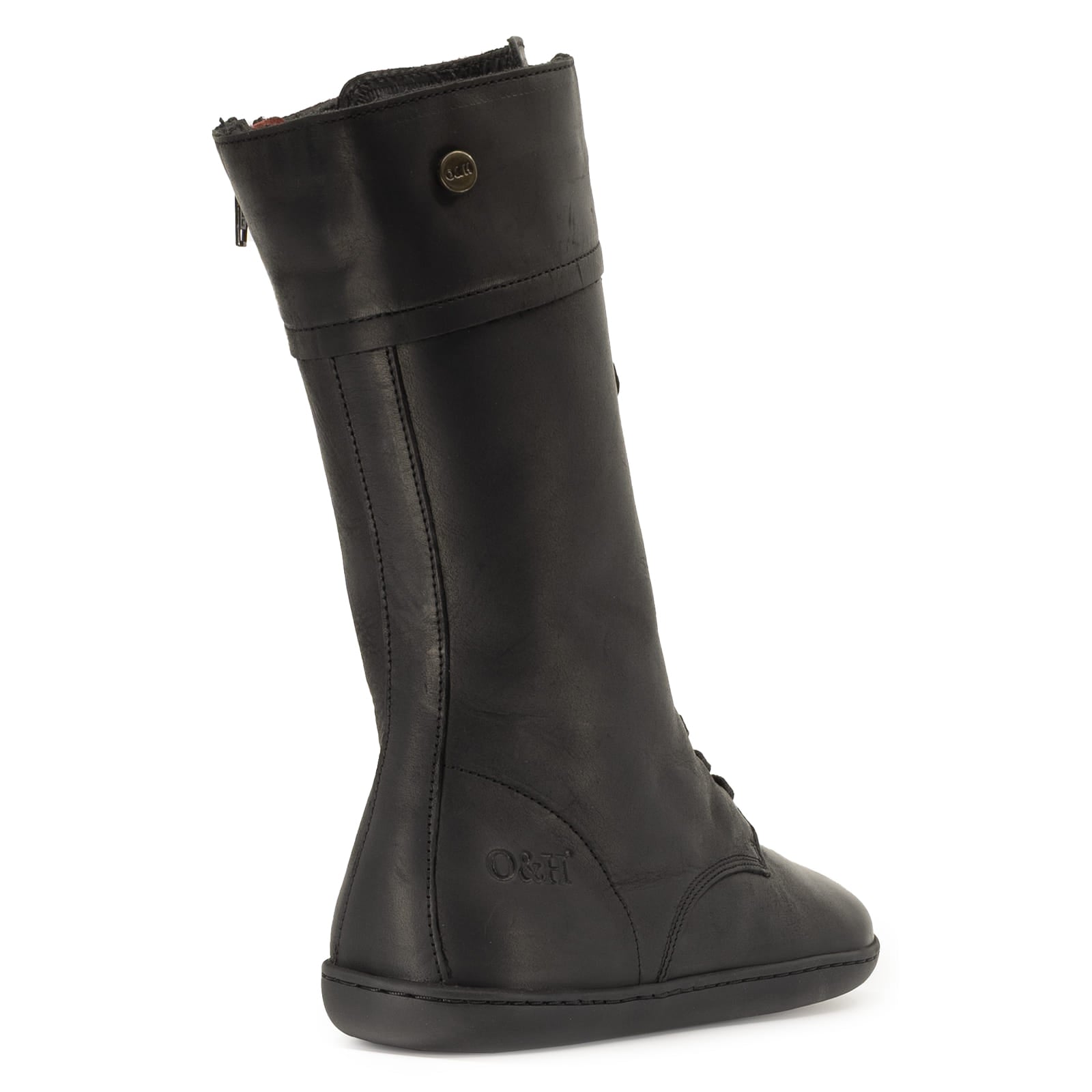 heel view of beec 12 barefoot boots showing stitch detailing and leather upper