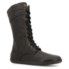 angled view of beech 12 barefoot boots in black showing front lace on white background