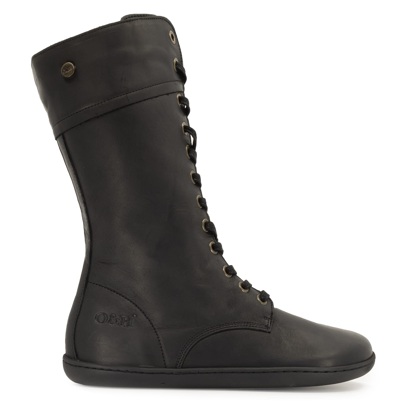 side profile view of beech 12 barefoot boots showing O&H heel logo