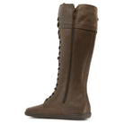 full view of inside zip of tall brown barefoot boots on white background