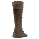 rear view of tall brown barefoot boots showing leather upper and panel details