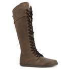 tall brown barefoot boots showing front lace and brown outsole on white background