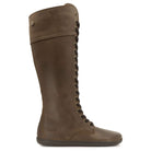 side on view of tall brown barefoot boots showing O&H logo on heel and brass pin on back of boots