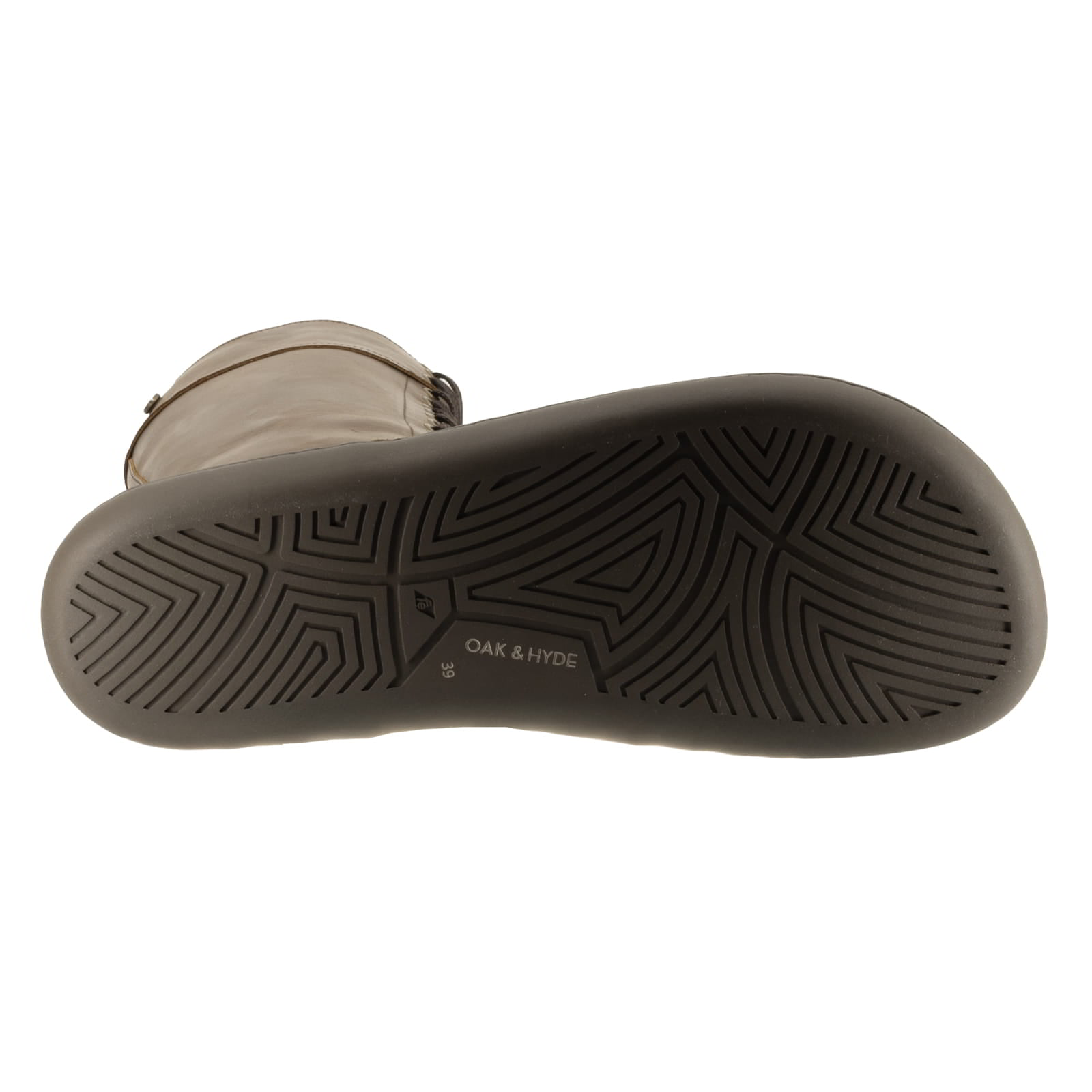 zero drop outsole showing tread of brown barefoot boots on white background