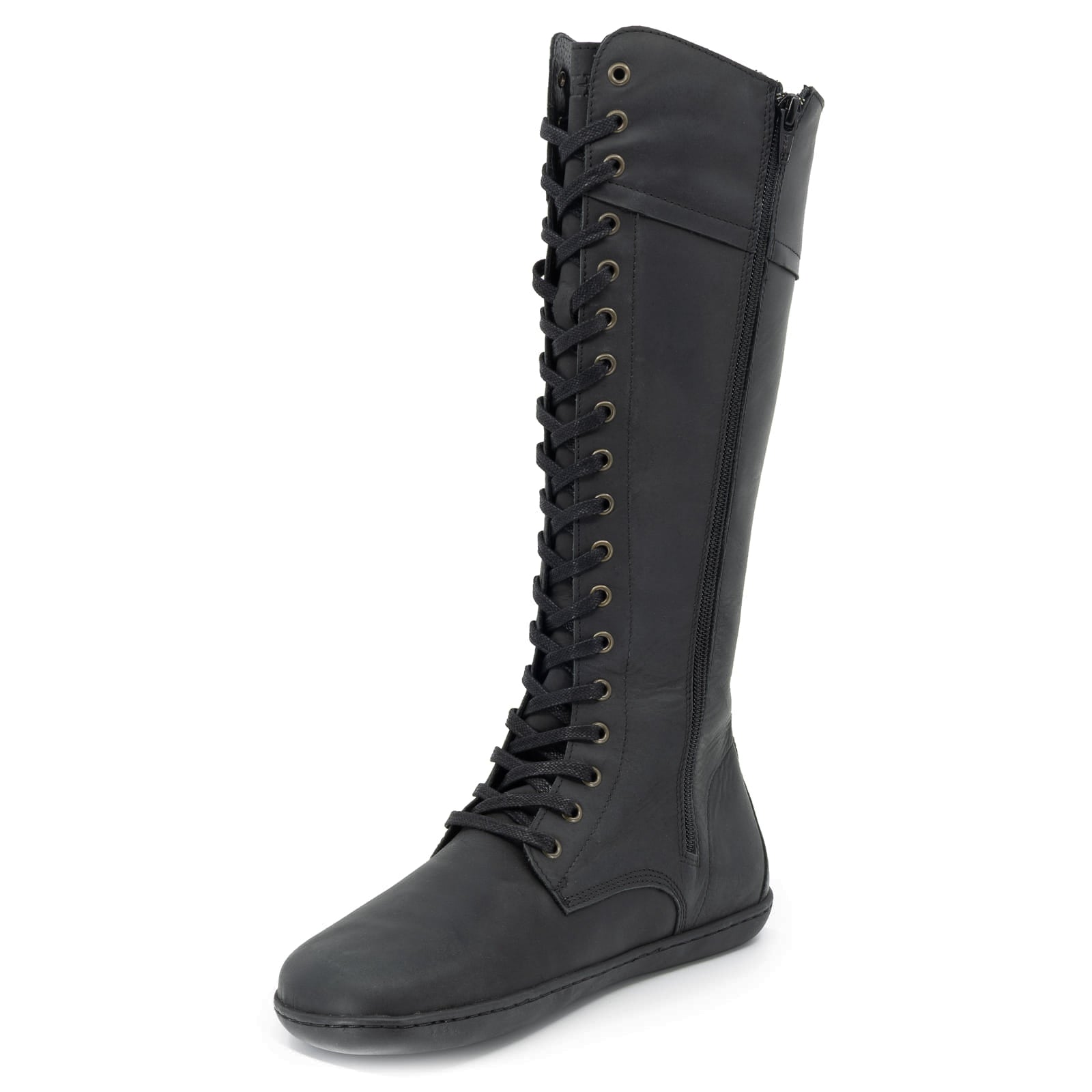 black barefoot boots showing inside zip and front lace on white background