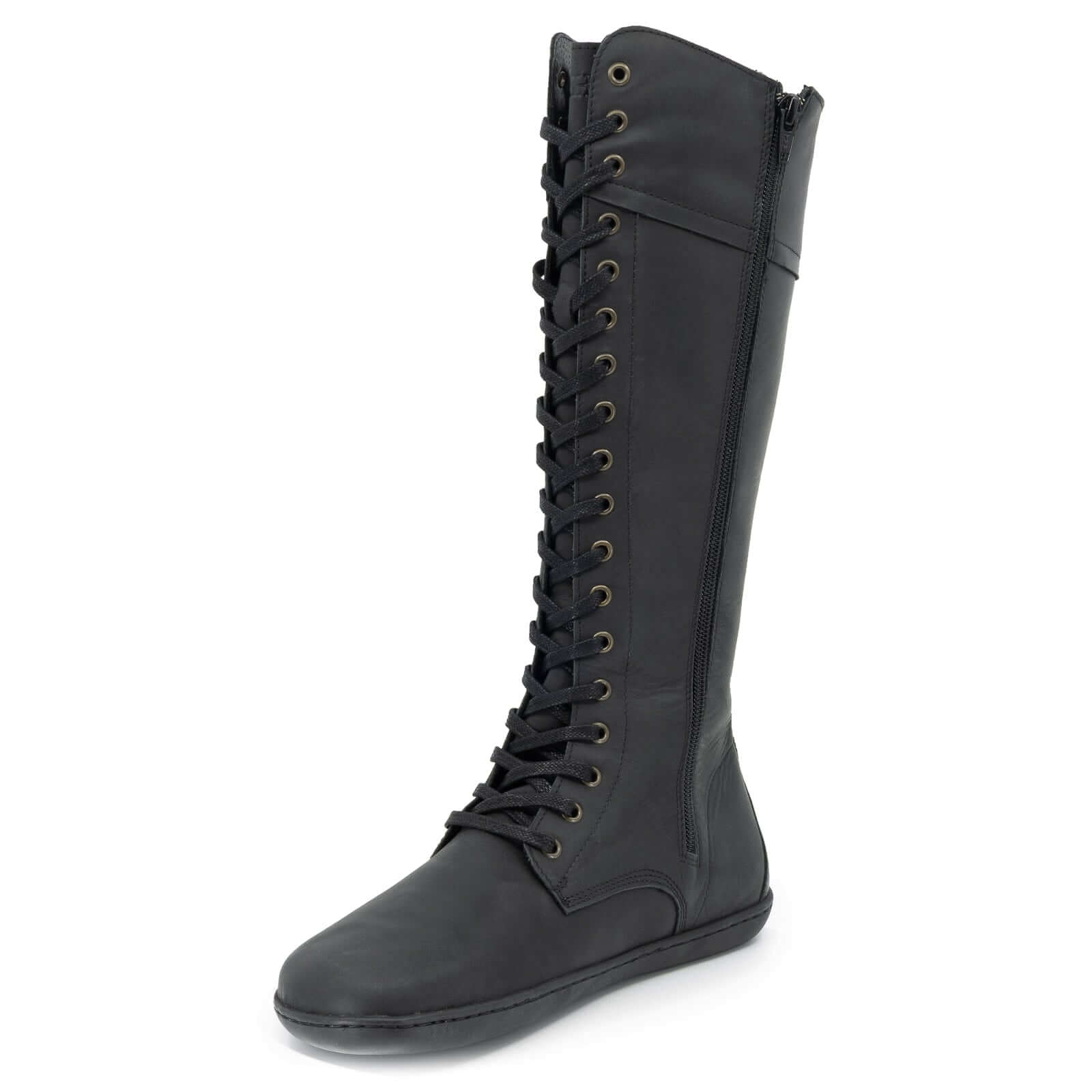 black barefoot boots showing inside zip and front lace on white background