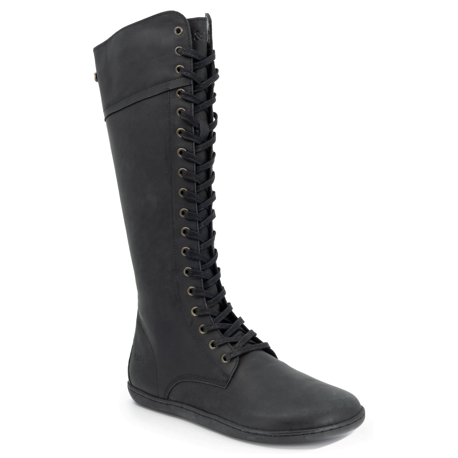 side view of black knee high barefoot boots on white background