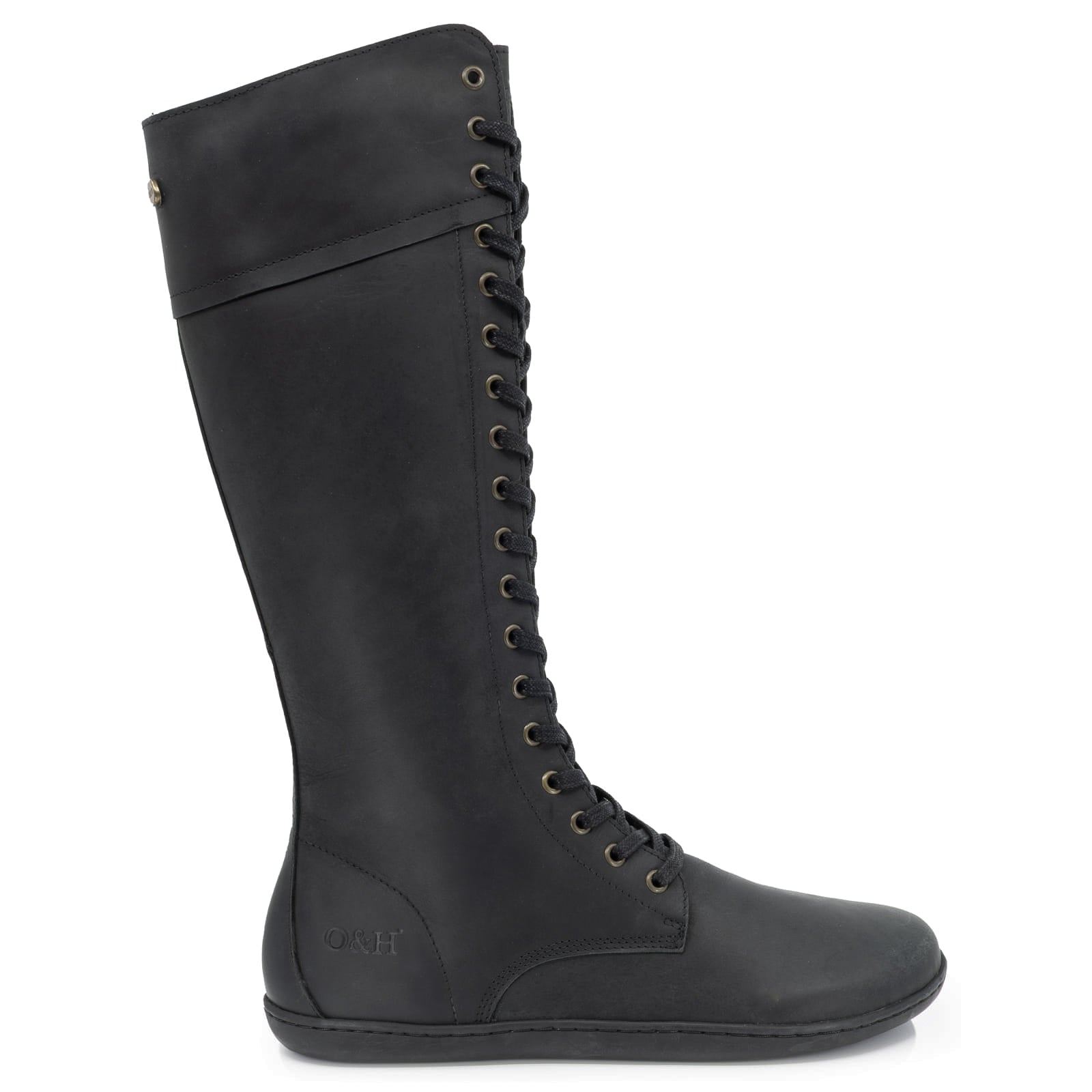 side view of tall lace up barefoot boots on white background