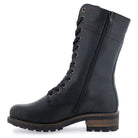 Full length side view of black Bridge 12 military boots showing mid calf height and leather upper