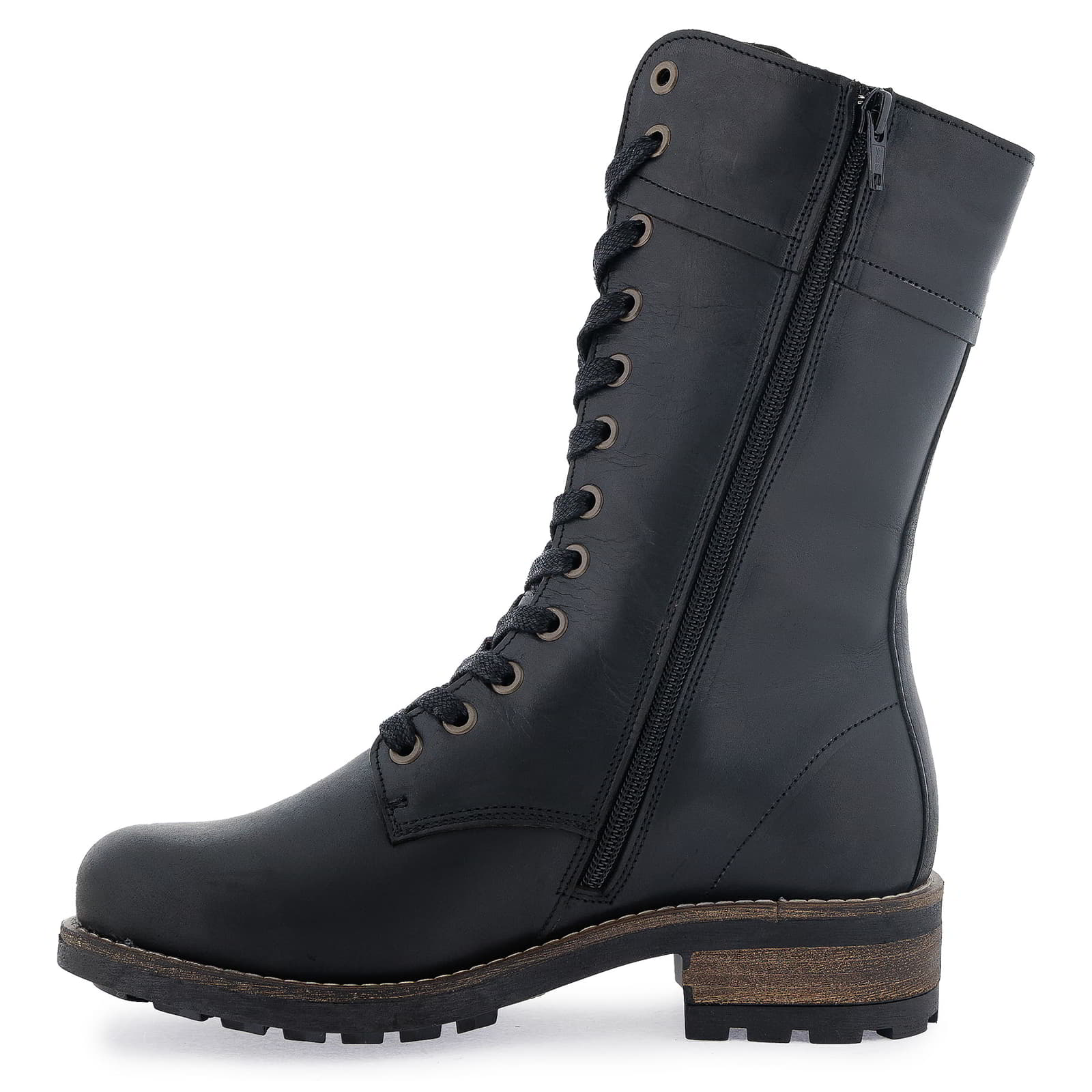 Full length side view of black Bridge 12 military boots showing mid calf height and leather upper