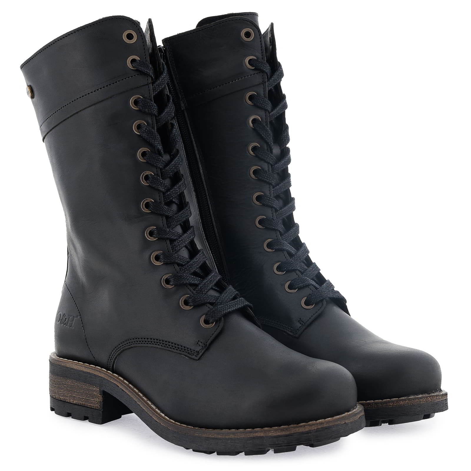 Pair of black Bridge 12 military boots shown from a front angled perspective