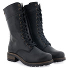Pair of black Bridge 12 military boots shown from a front angled perspective