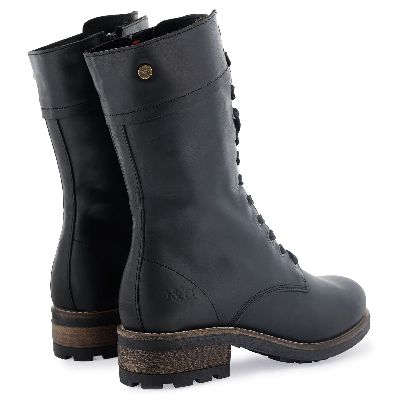 Rear view of black Bridge 12 military boots showing heel construction and back seam