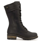 side view of bridge 12 military boots in black showing leather upper and branding on heel