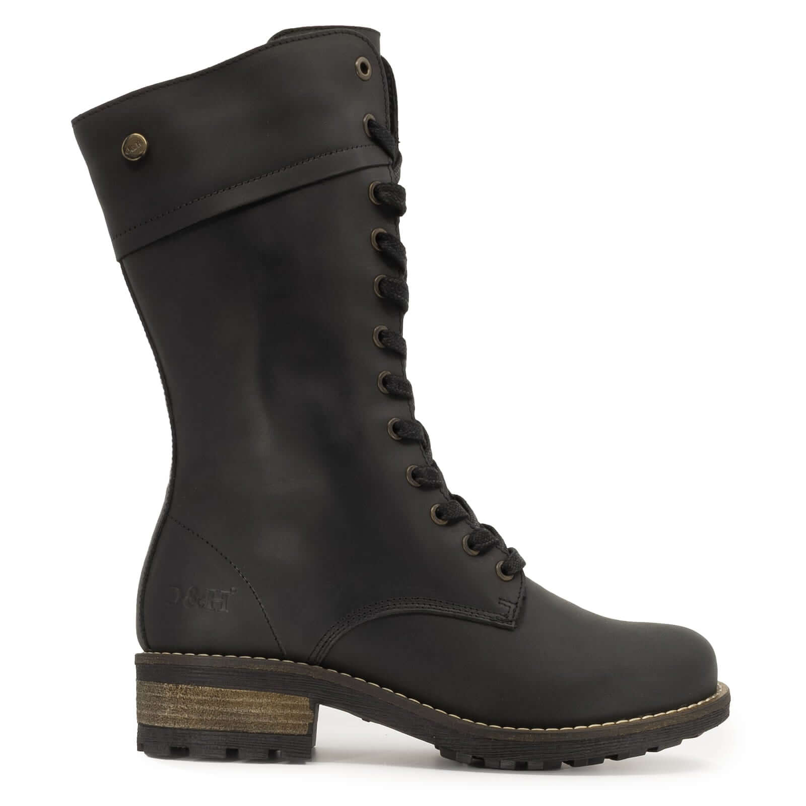 side view of bridge 12 military boots in black showing leather upper and branding on heel