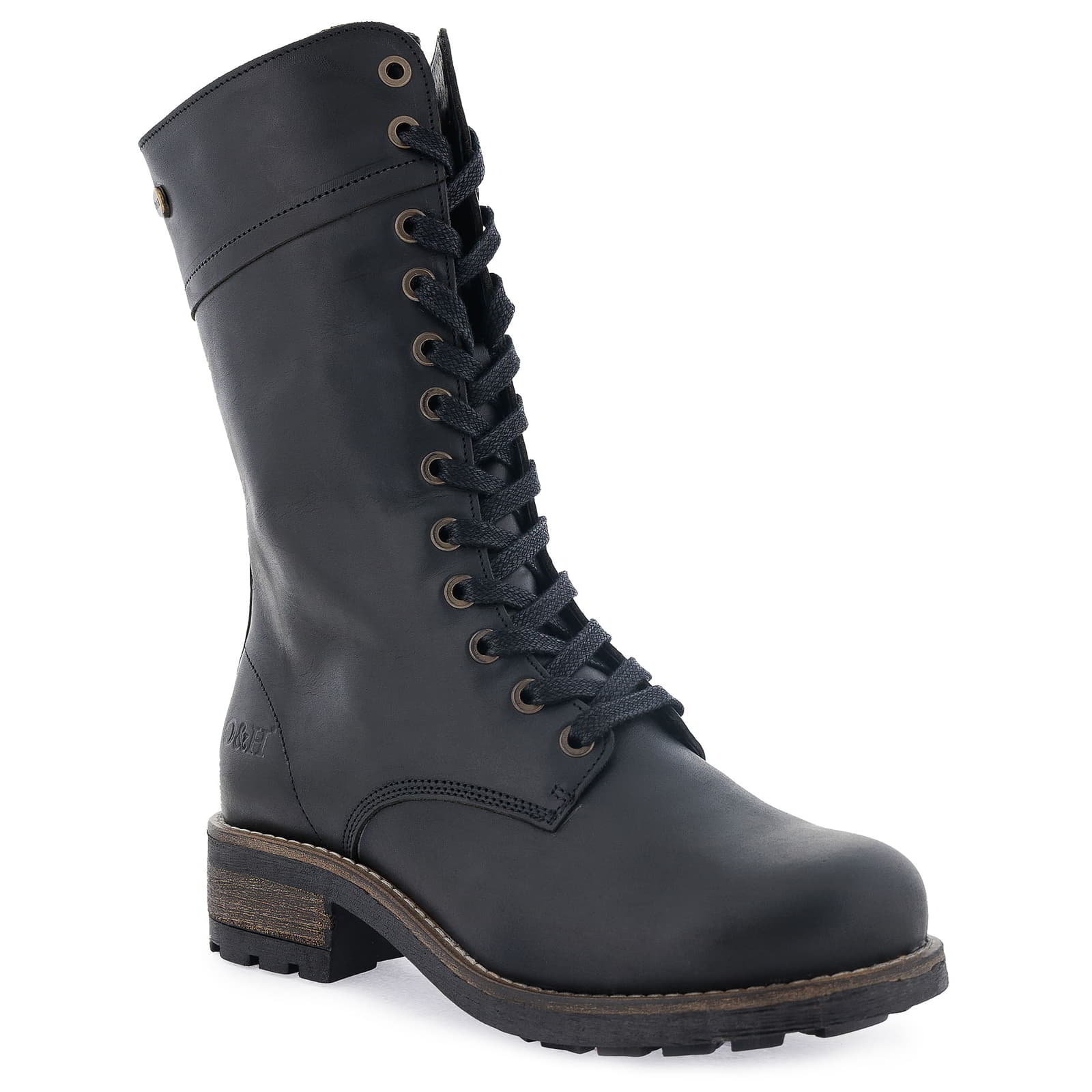 Side profile of black Bridge 12 military boots showing lace-up fastening and stacked heel