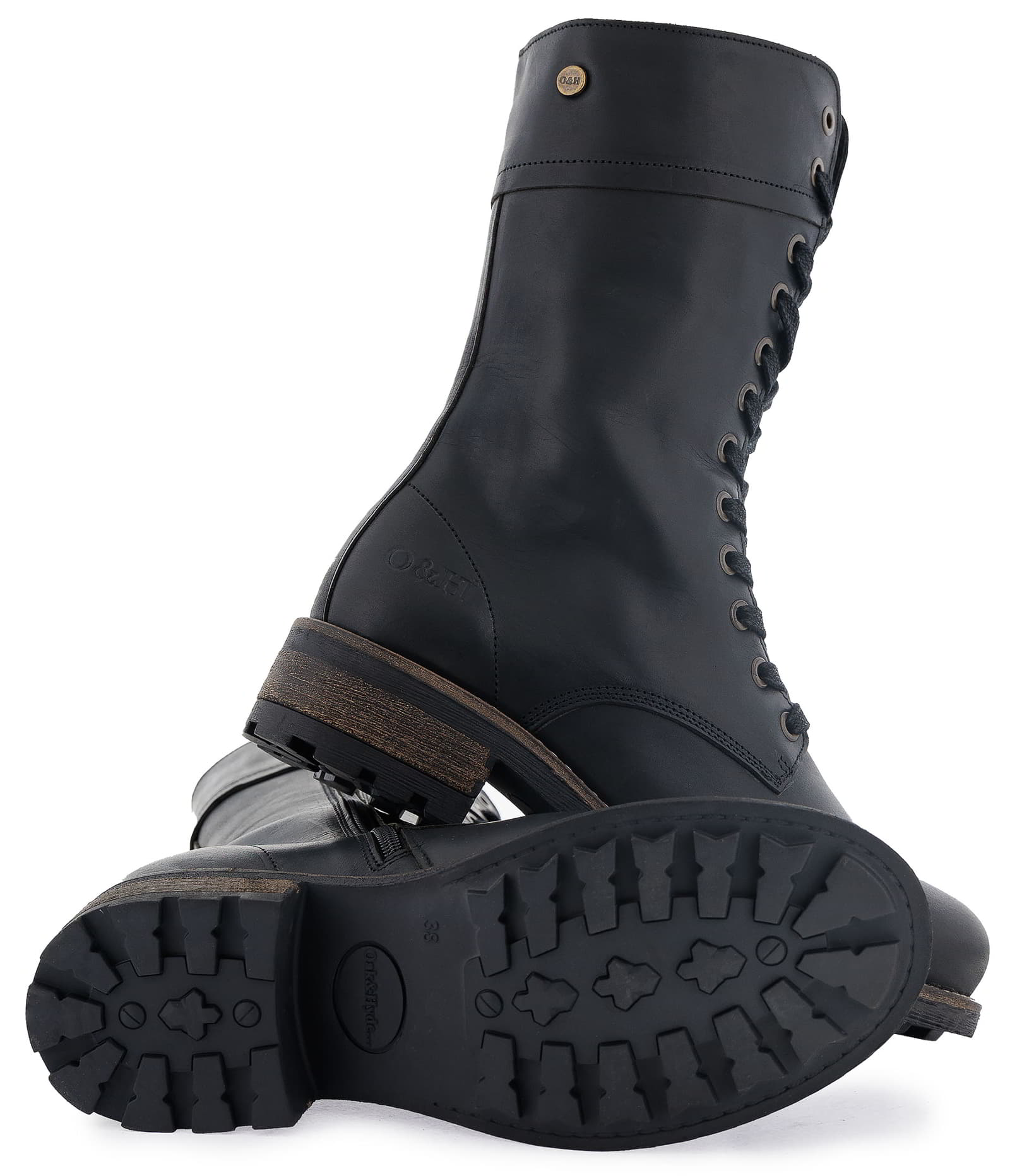 Outsole of black Bridge 12 military boots showing deep tread grip pattern