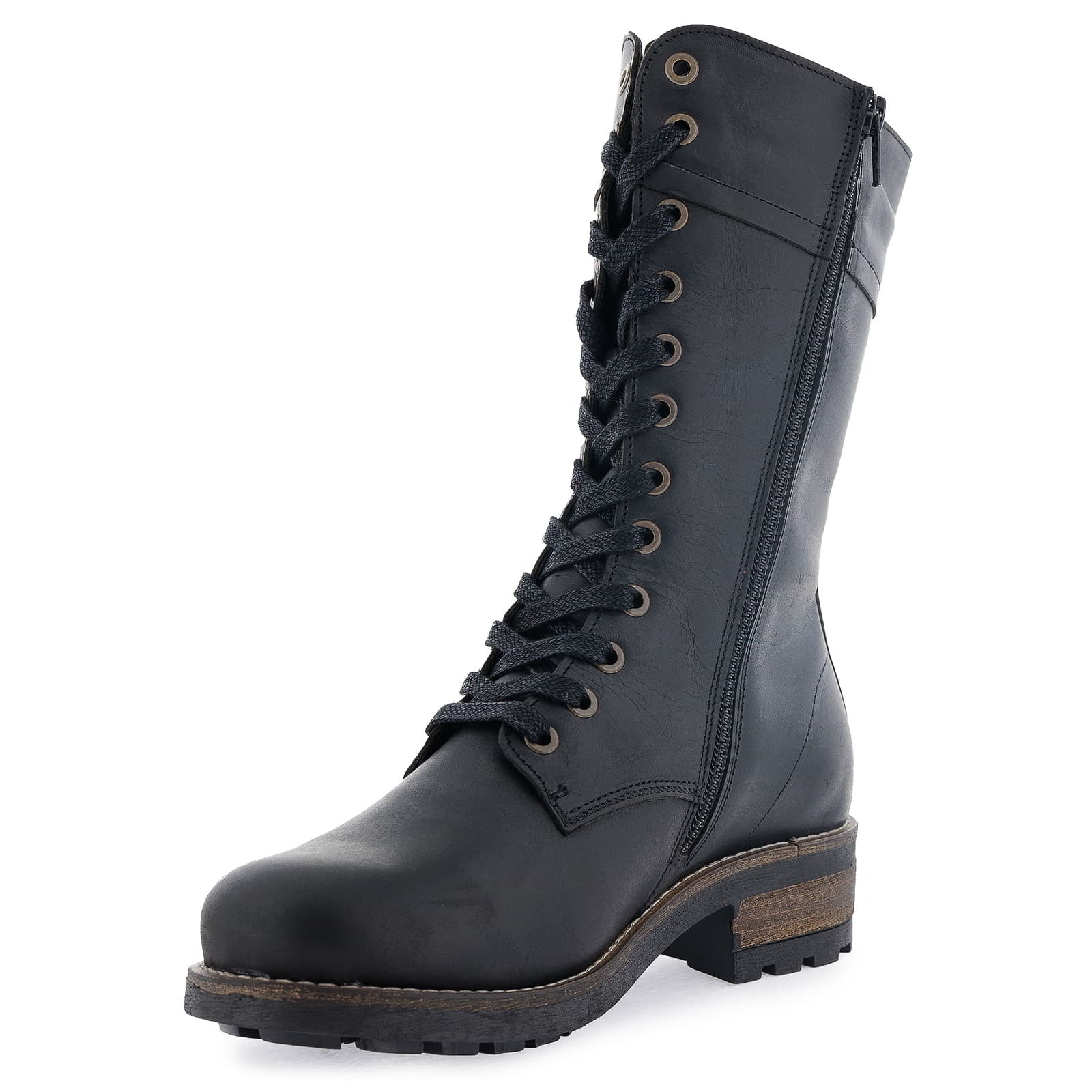 Three quarter angled view of black Bridge 12 military boots highlighting rounded toe and sole