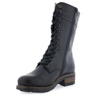 Three quarter angled view of black Bridge 12 military boots highlighting rounded toe and sole