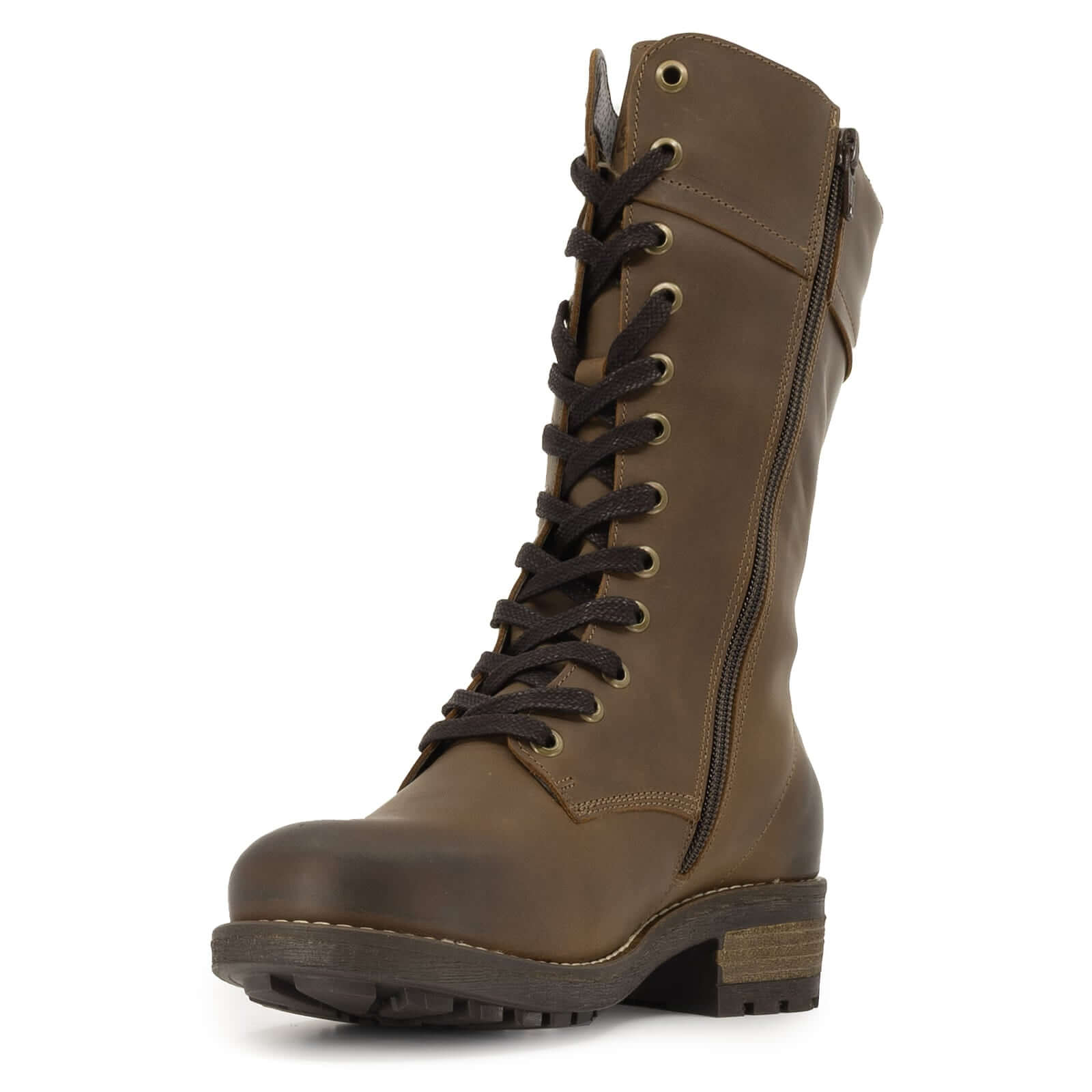 Full side view of dark brown Bridge 12 military boots showing mid-calf height