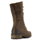 Rear view of dark brown Bridge 12 military boots highlighting heel construction
